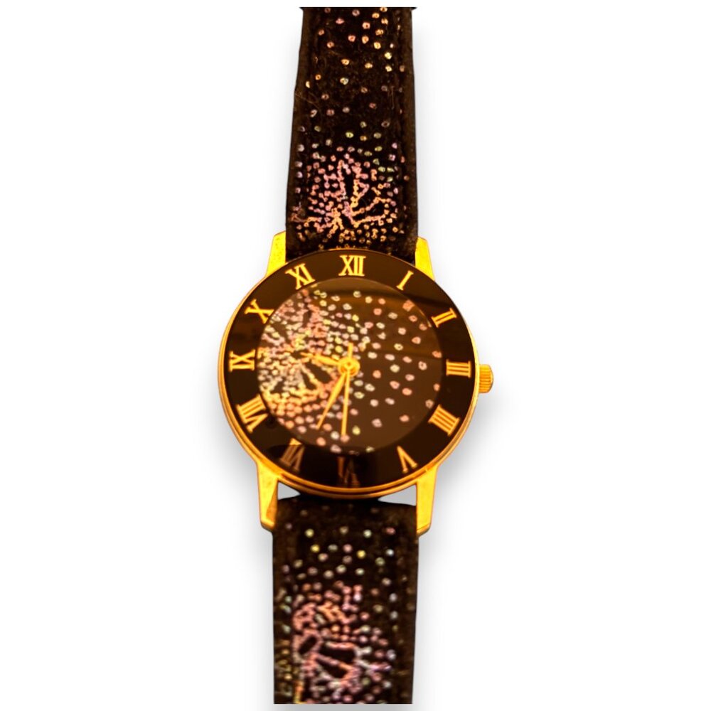 Vintage 1992 Japan Movt black colorful speckled quartz watch genuine leather
